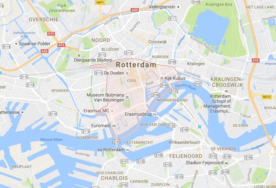 Mapa de aparcar e andar en Róterdam 